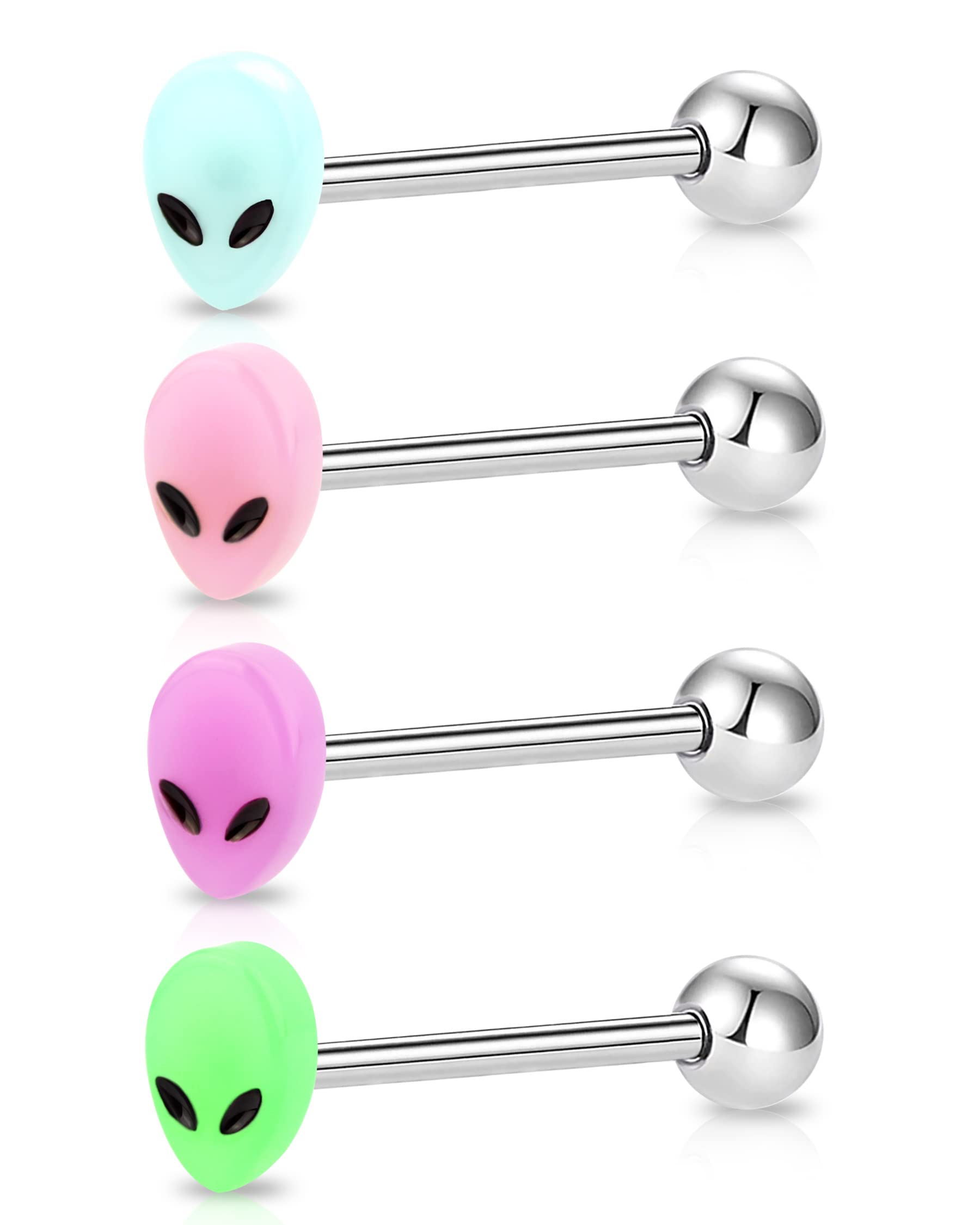 Melighting 4Pcs Alien Tongue Rings Glow in The Dark 14G Surgical Steel 316L Tongue Piercing Jewelry Multi Alien Tongue Barbells Body Piercing Jewelry