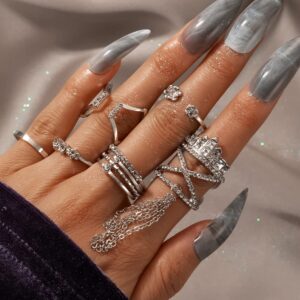 Octwine Boho Vintage Knuckle Stacking Tassel Rings Set for Women Teen Girls Finger Rings Stackable Silver Rhinestones Rings Set Multiple Rings for Women 6PCS