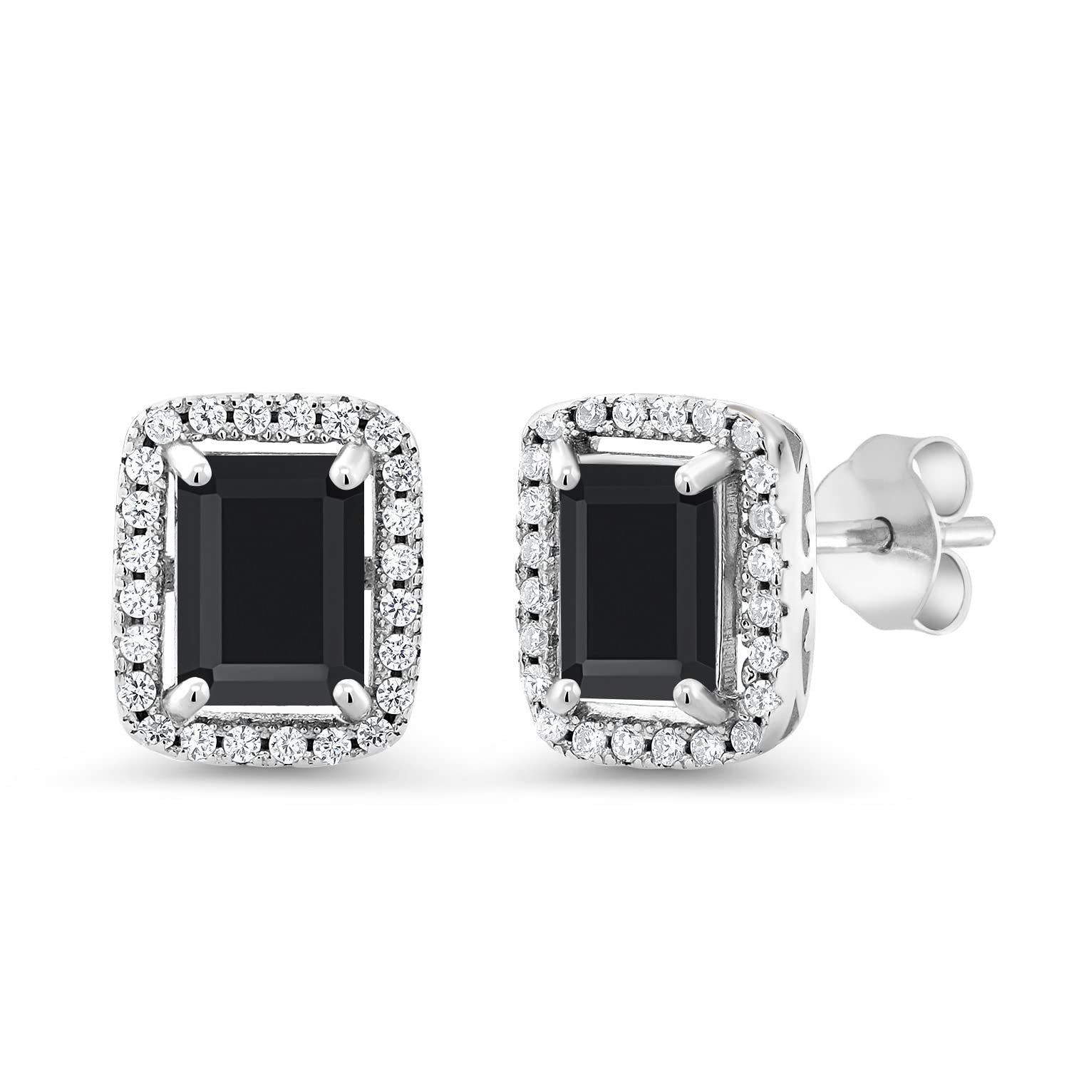 Gem Stone King 925 Sterling Silver Gemstone Birthstone Earrings | Emerald Cut 8X6MM | Halo Earring for Women