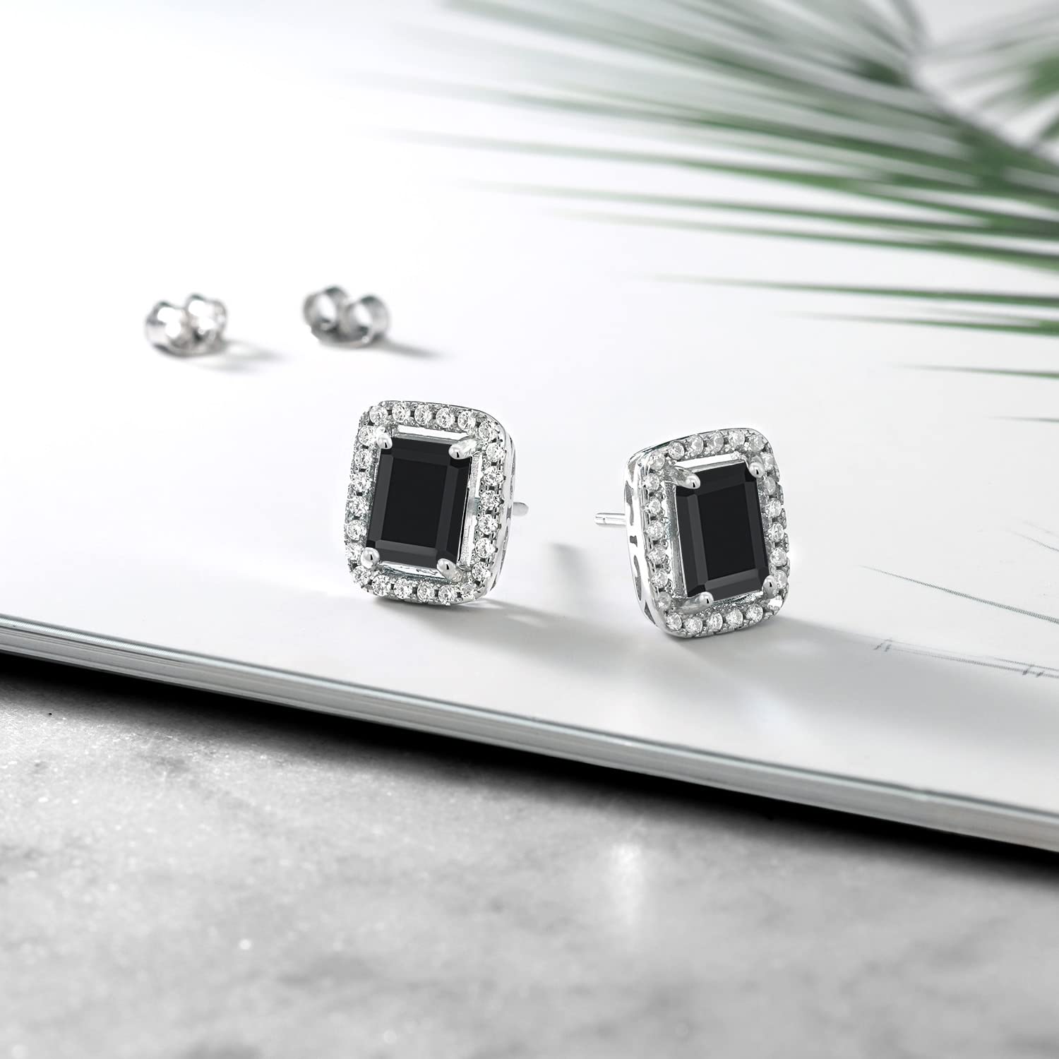 Gem Stone King 925 Sterling Silver Gemstone Birthstone Earrings | Emerald Cut 8X6MM | Halo Earring for Women