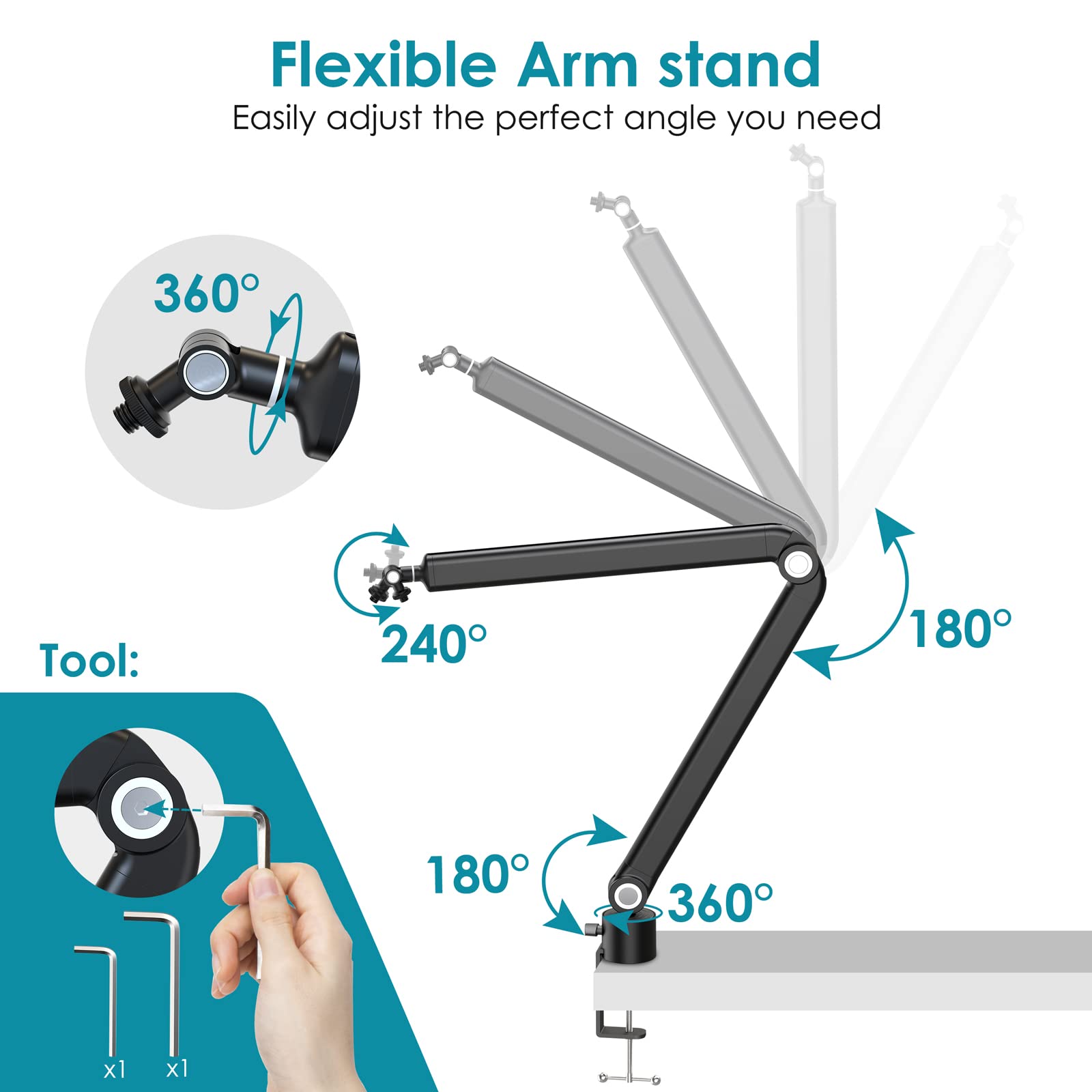 YOUSHARES Mic Boom Arm for Blue Yeti Microphone, HyperX QuadCast Mic, Fifine, Rode, Shure, Razer and Most Microphones, Flexible Metal Mic Arm Stand Desk Mount with 5 Freely Adjustable Joints