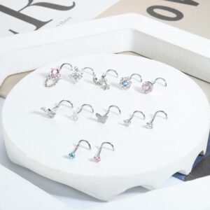 JOERICA 12Pcs 20G Dangle Nose Rings Nose Studs Corkscrew Dangle Nose Rings for Women Men Stainless Steel Nose Piercing Jewelry CZ Heart Moon Butterfly Nose Rings Studs Silver Tone