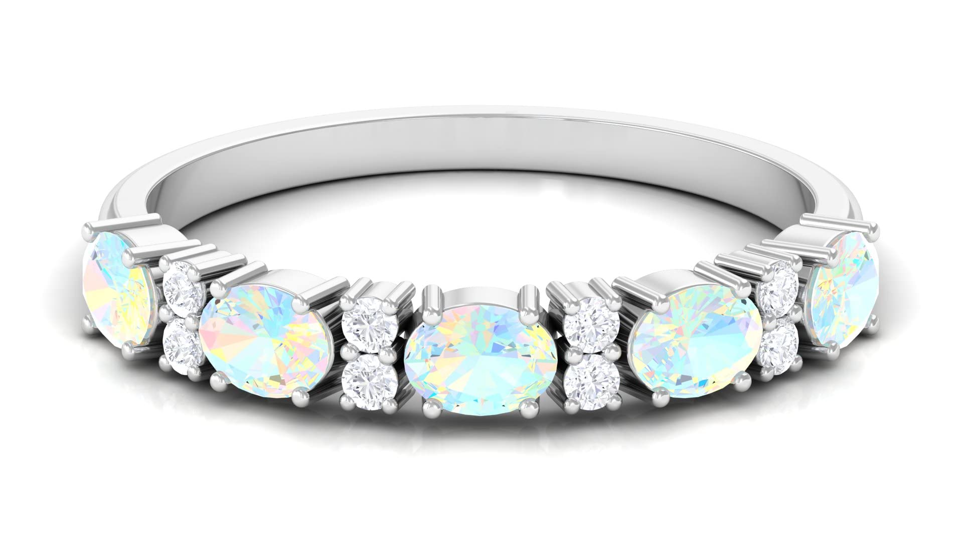 Rosec Jewels Certified Ethiopian Opal and Diamond Half Eternity Ring for Women, 1.50 cttw, Aaa Quality, 14K White Gold, Size:US 6.50