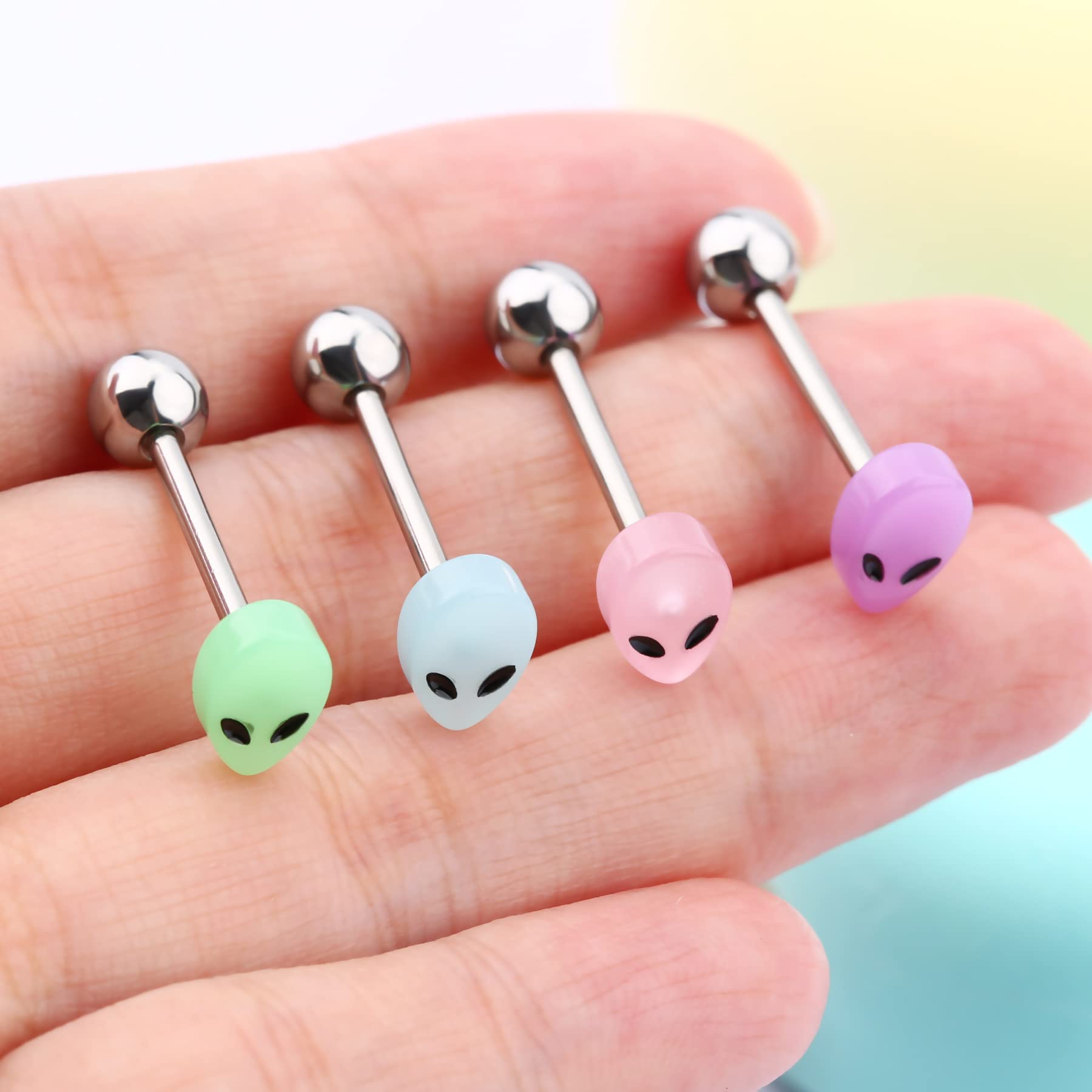 Melighting 4Pcs Alien Tongue Rings Glow in The Dark 14G Surgical Steel 316L Tongue Piercing Jewelry Multi Alien Tongue Barbells Body Piercing Jewelry