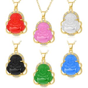 6 pieces laughing buddha necklace crystal cubic zirconia buddha pendant bling gold plated jewelry good luck chain for women men (red, black)