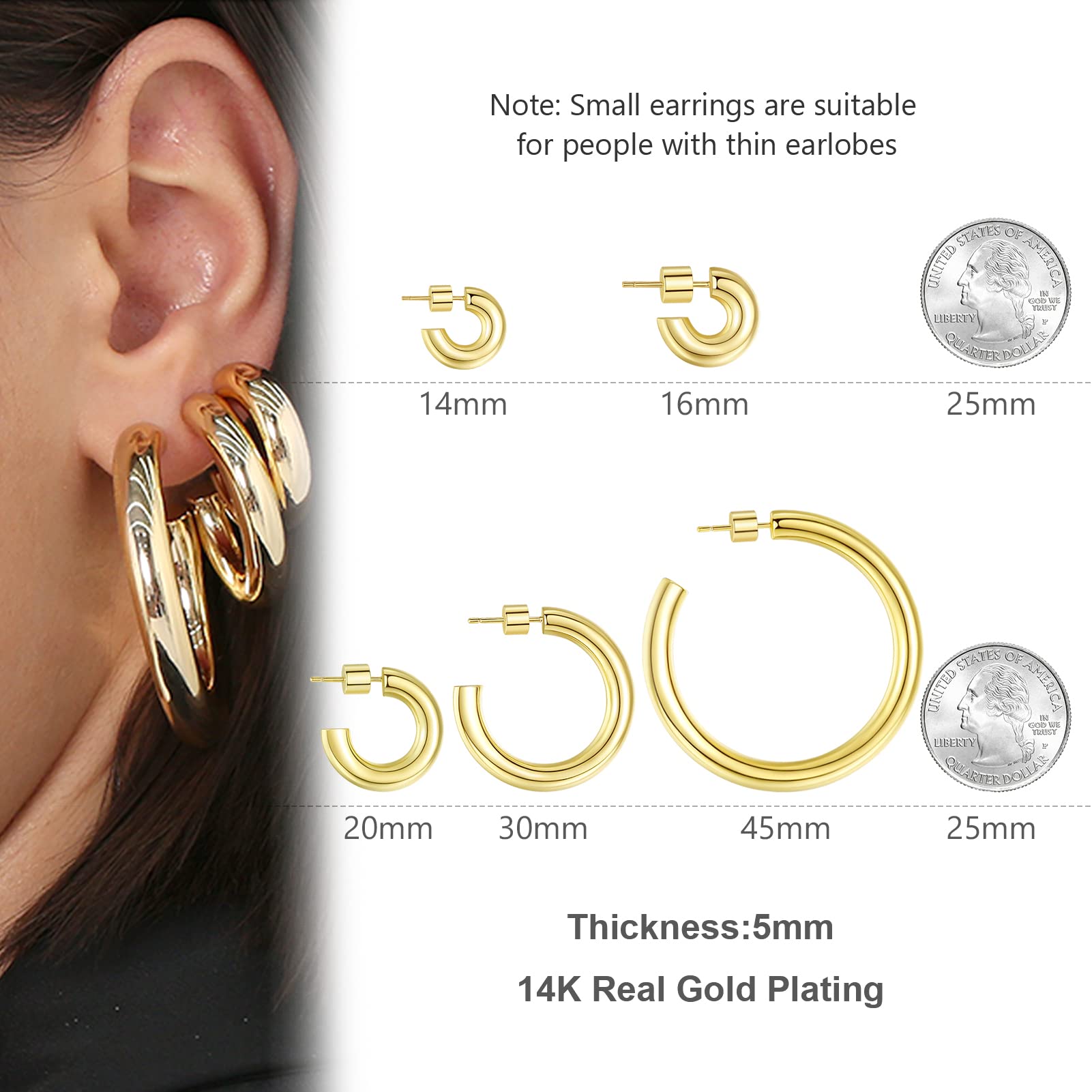 Wowshow Gold Hoop Earrings for Women 14K Gold Plated Hoops Chunky Open Hoops Earrings Lightweight 16mm