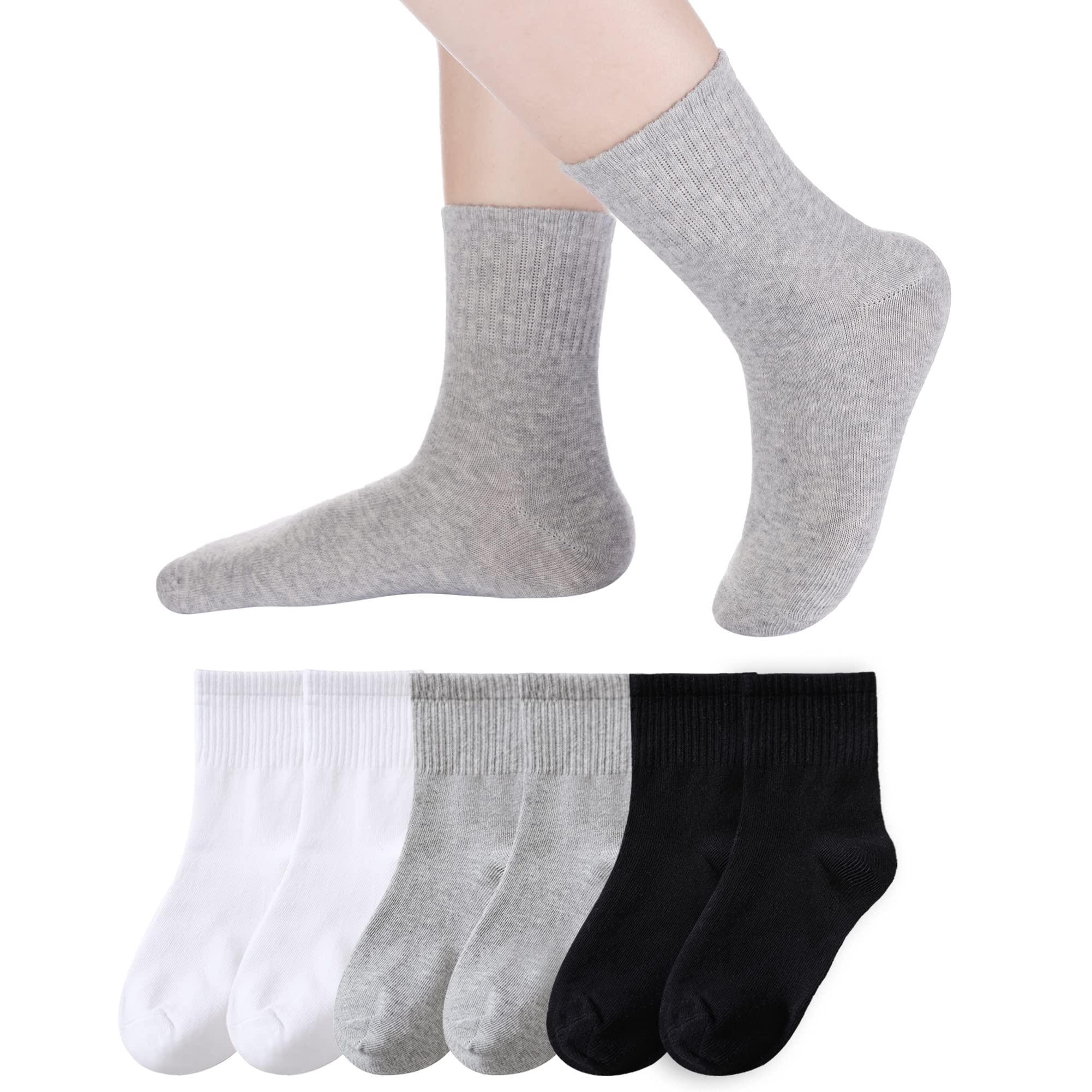 Eyean Kids Athletic Crew Socks Boys Girls Cotton School Uniform Casual Basic Socks 6 Pairs (6-8 Years, Black+White+Grey)