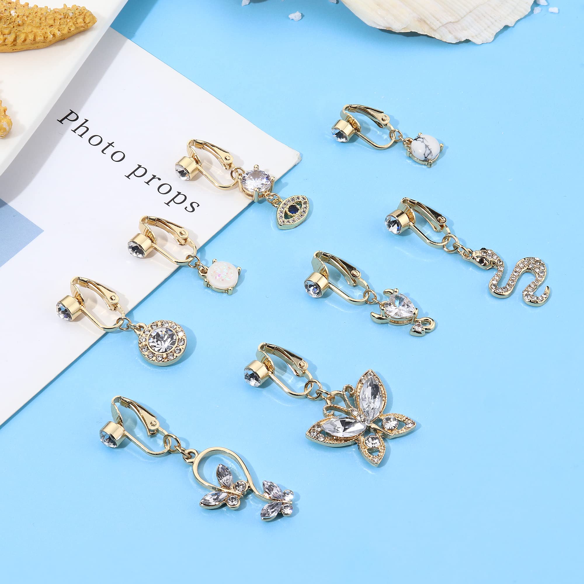 FIBO STEEL 8Pcs Fake Belly Rings Clip on Belly Button Rings Surgical Steel Opal CZ Non Piercing Dangle Navel Rings Fake Belly Piercing Jewelry gold