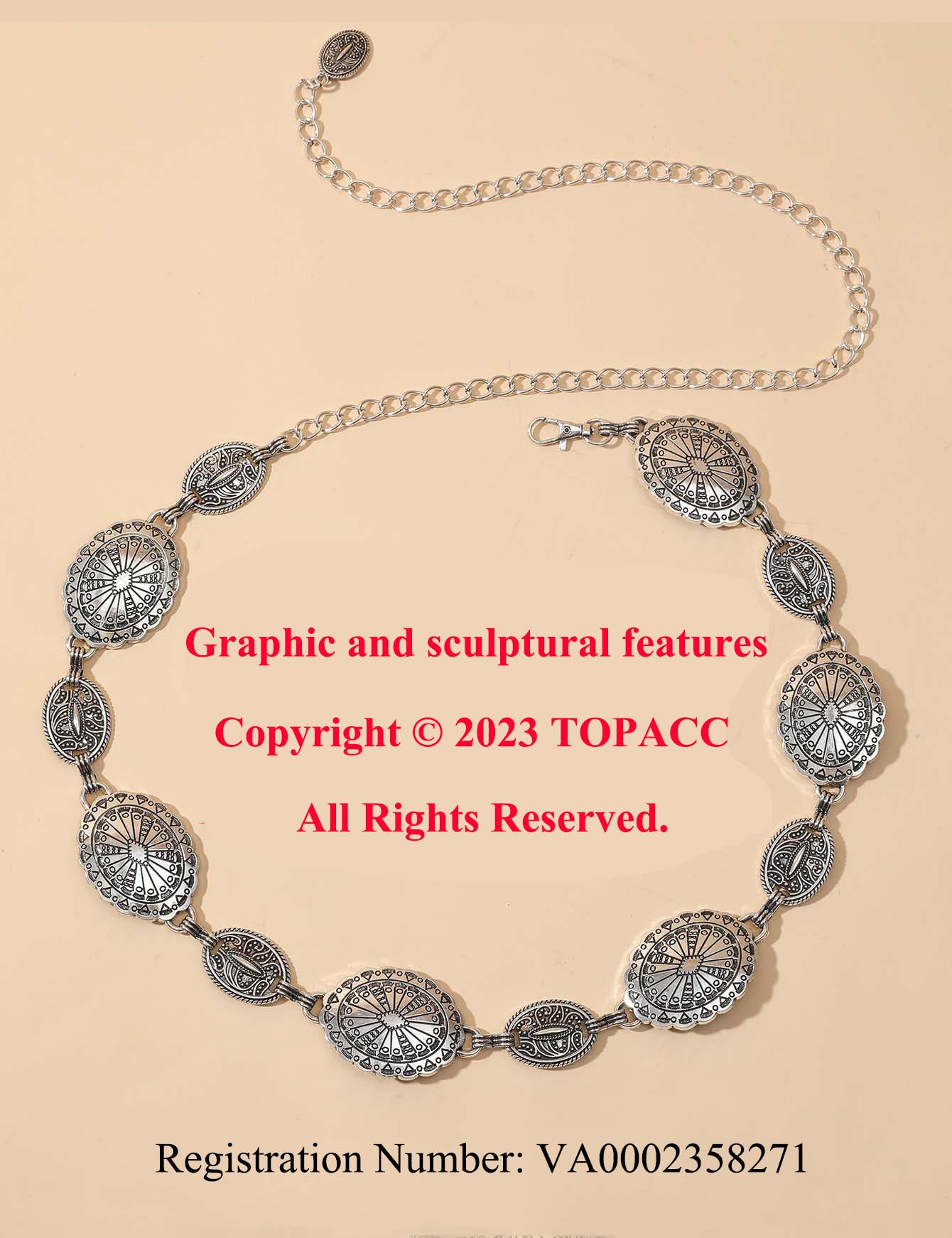 TOPACC Western Metal Oval Concho Chain Belt for Women Silver Cowgirl Belt for Dresses Jeans Country Concert Outfit