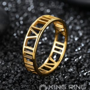 King Ring 6mm Roman Numeral Ring – Stainless Steel Delicate & Durable Ring Jewelry – Hollow Out Finger Ring – Unique Design & Elegant Outlook – Gold 8