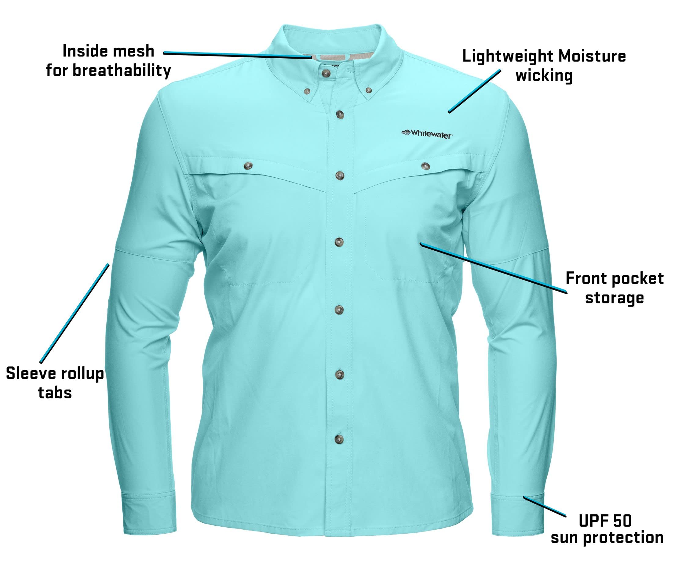 Whitewater Lightweight Moisture Wicking Long Sleeve Fishing Shirt with UPF 50 (XX-Large, Lagoon)