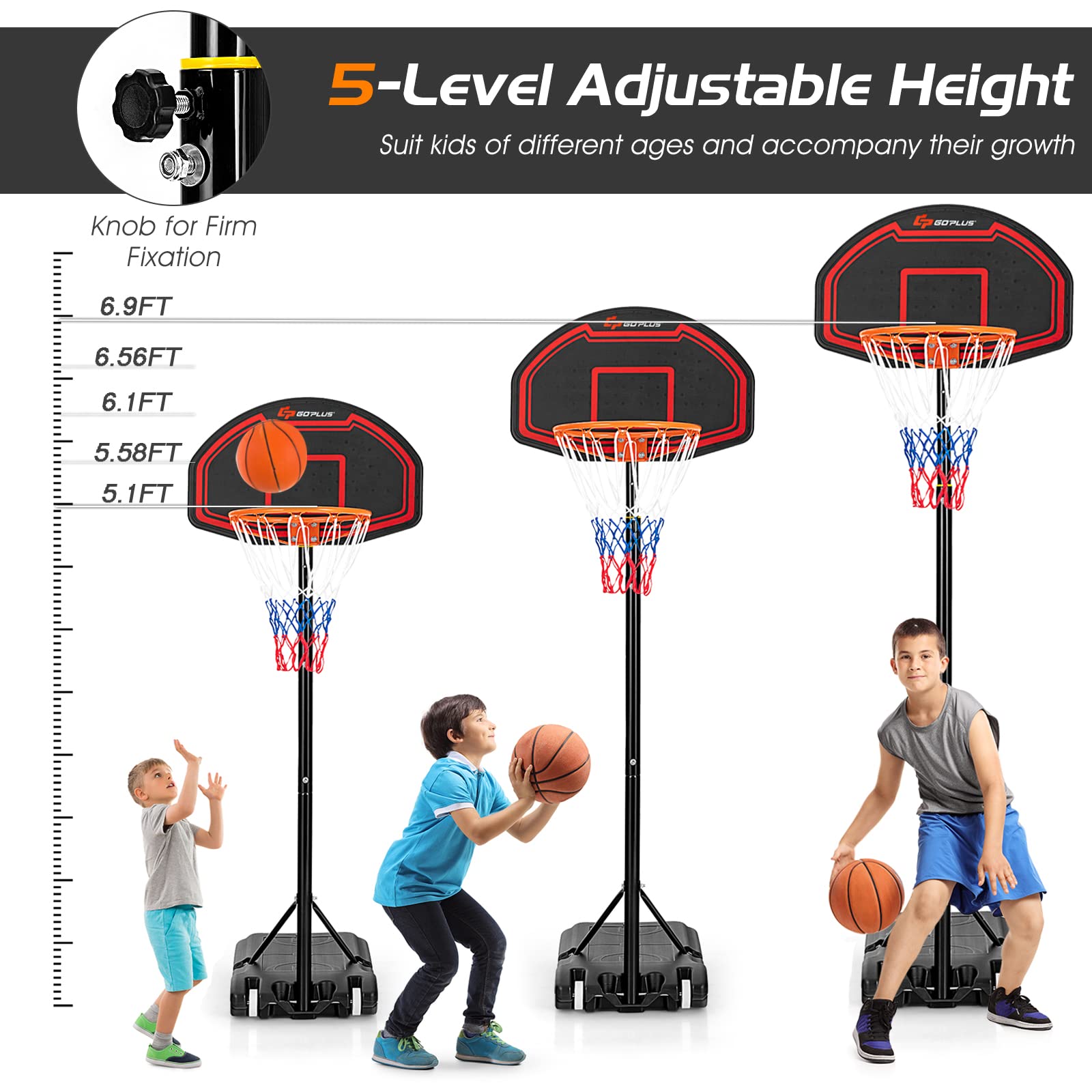 Goplus Portable Basketball Hoop Outdoor, 6.3FT-8.1FT Height Adjustable 5-Level Basketball Stand System with Shatterproof Backboard, Built-in Wheels, Indoor Outside Court Basketball Goal for Kids Youth