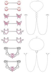 joerica 14g stainless steel nipple rings for women cz butterfly heart nipple rings with choker necklace nipple barbell body piercing jewelry