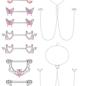 JOERICA 14G Stainless Steel Nipple Rings for Women CZ Butterfly Heart Nipple Rings with Choker Necklace Nipple Barbell Body Piercing Jewelry