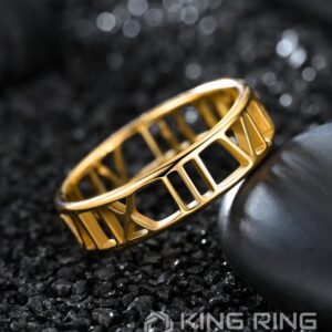 King Ring 6mm Roman Numeral Ring – Stainless Steel Delicate & Durable Ring Jewelry – Hollow Out Finger Ring – Unique Design & Elegant Outlook – Gold 8