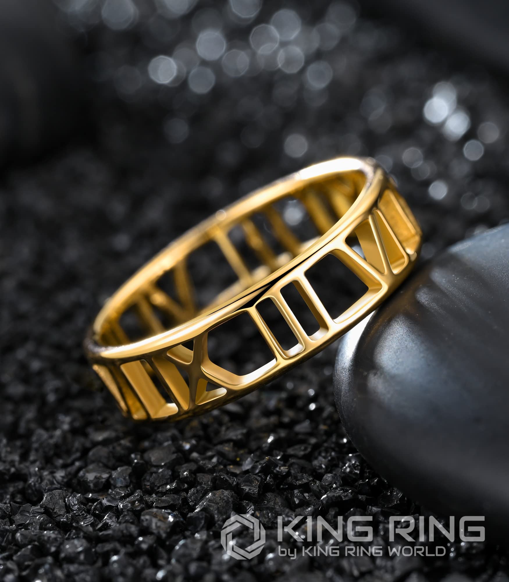 King Ring 6mm Roman Numeral Ring – Stainless Steel Delicate & Durable Ring Jewelry – Hollow Out Finger Ring – Unique Design & Elegant Outlook – Gold 8