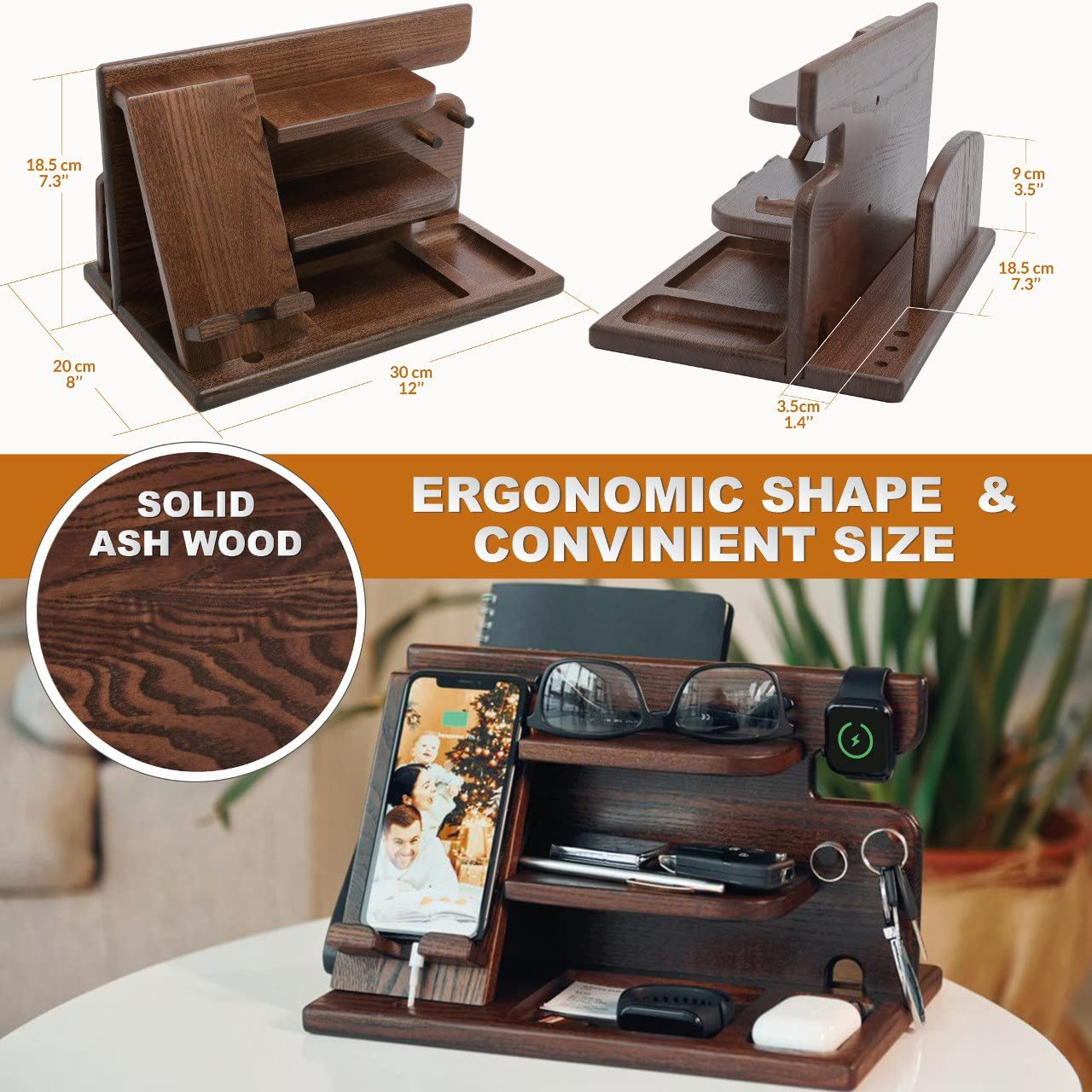 Wood Phone Docking Station Ash Key Holder Wallet Stand Watch Organizer Men Husband Wife Anniversary Dad Birthday Nightstand Purse Father Graduation Male Travel Idea Gadgets Brown