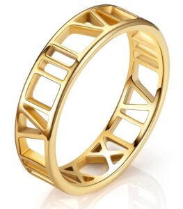 king ring 6mm roman numeral ring – stainless steel delicate & durable ring jewelry – hollow out finger ring – unique design & elegant outlook – gold 8