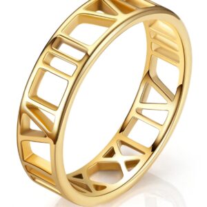 King Ring 6mm Roman Numeral Ring – Stainless Steel Delicate & Durable Ring Jewelry – Hollow Out Finger Ring – Unique Design & Elegant Outlook – Gold 8