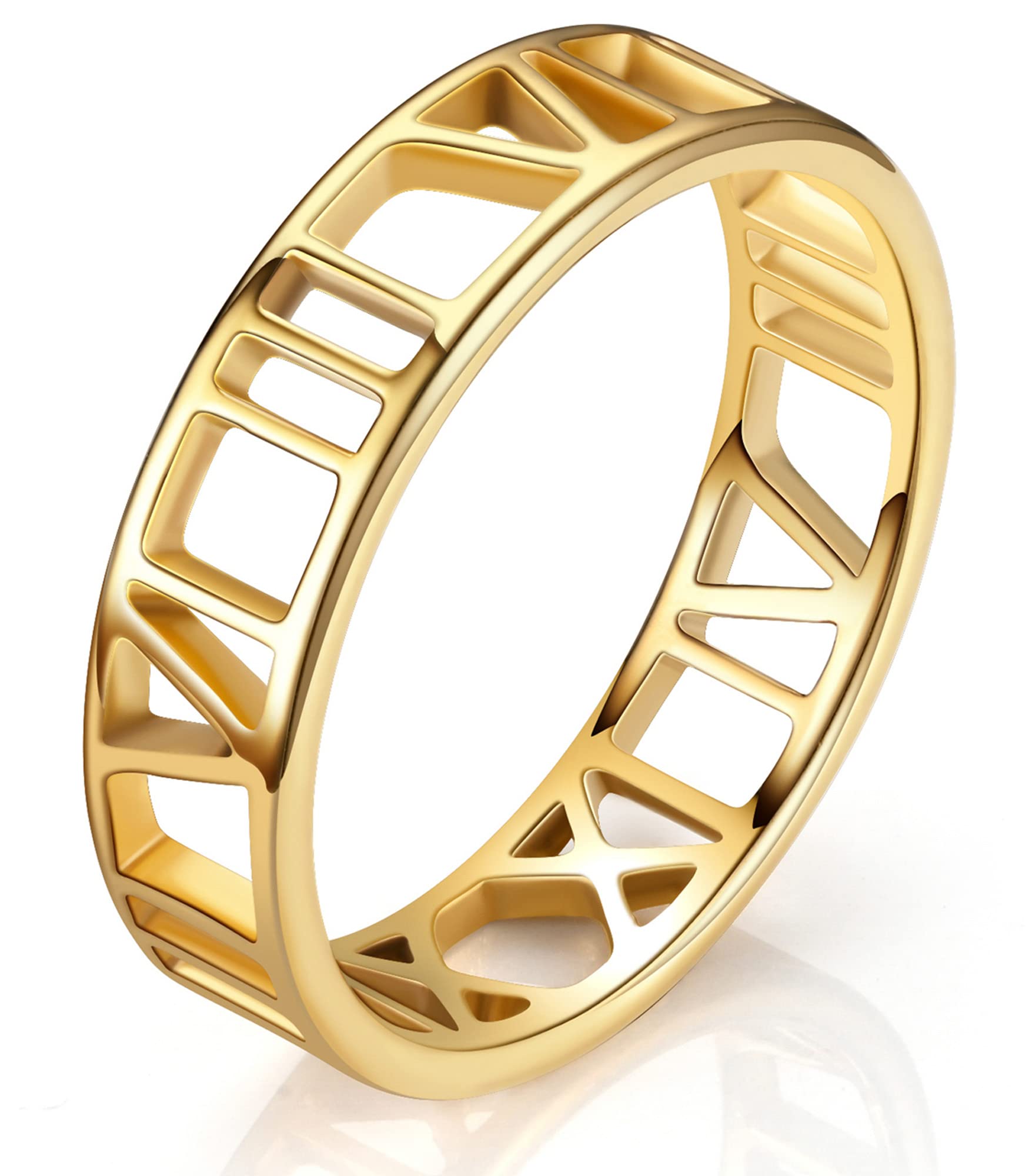 King Ring 6mm Roman Numeral Ring – Stainless Steel Delicate & Durable Ring Jewelry – Hollow Out Finger Ring – Unique Design & Elegant Outlook – Gold 8