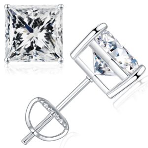 SMILEST 0.6ct Princess Cut Moissanite Earrings for Women, D Color VVS1 Clarity Lab Created Diamond Moissanite Stud Earrings 18K White Gold Plated 925 Sterling Silver Moissanite Screw Back Earrings