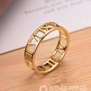 King Ring 6mm Roman Numeral Ring – Stainless Steel Delicate & Durable Ring Jewelry – Hollow Out Finger Ring – Unique Design & Elegant Outlook – Gold 8