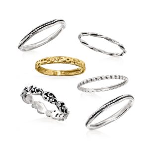 Ross-Simons Sterling Silver and 18kt Gold Over Sterling Jewelry Set: 6 Textured Rings. Size 9