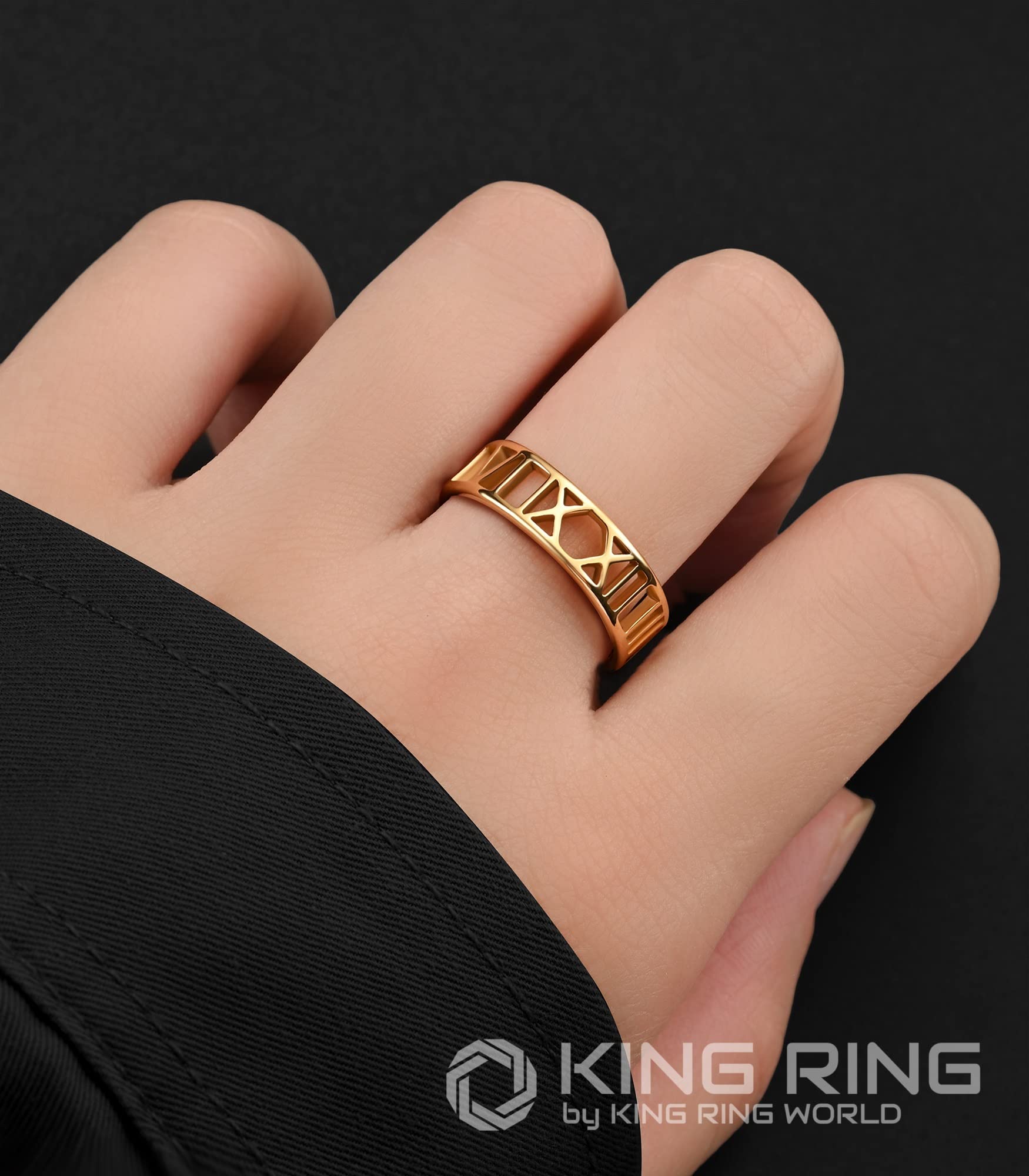 King Ring 6mm Roman Numeral Ring – Stainless Steel Delicate & Durable Ring Jewelry – Hollow Out Finger Ring – Unique Design & Elegant Outlook – Gold 8