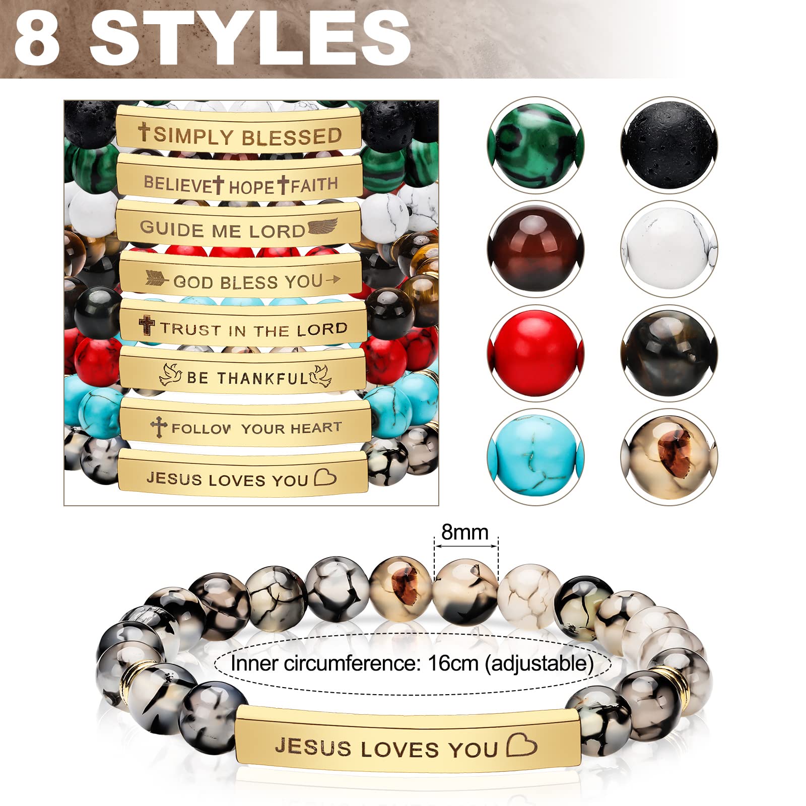 Sureio 8 pcs Christian Bracelets Bible Verse Jewelry Religious Gift for Women Men Prayer Beaded Bracelet Inspirational Cuff Natural Tiger Eye Lava Stone Stretch Strand Bangle