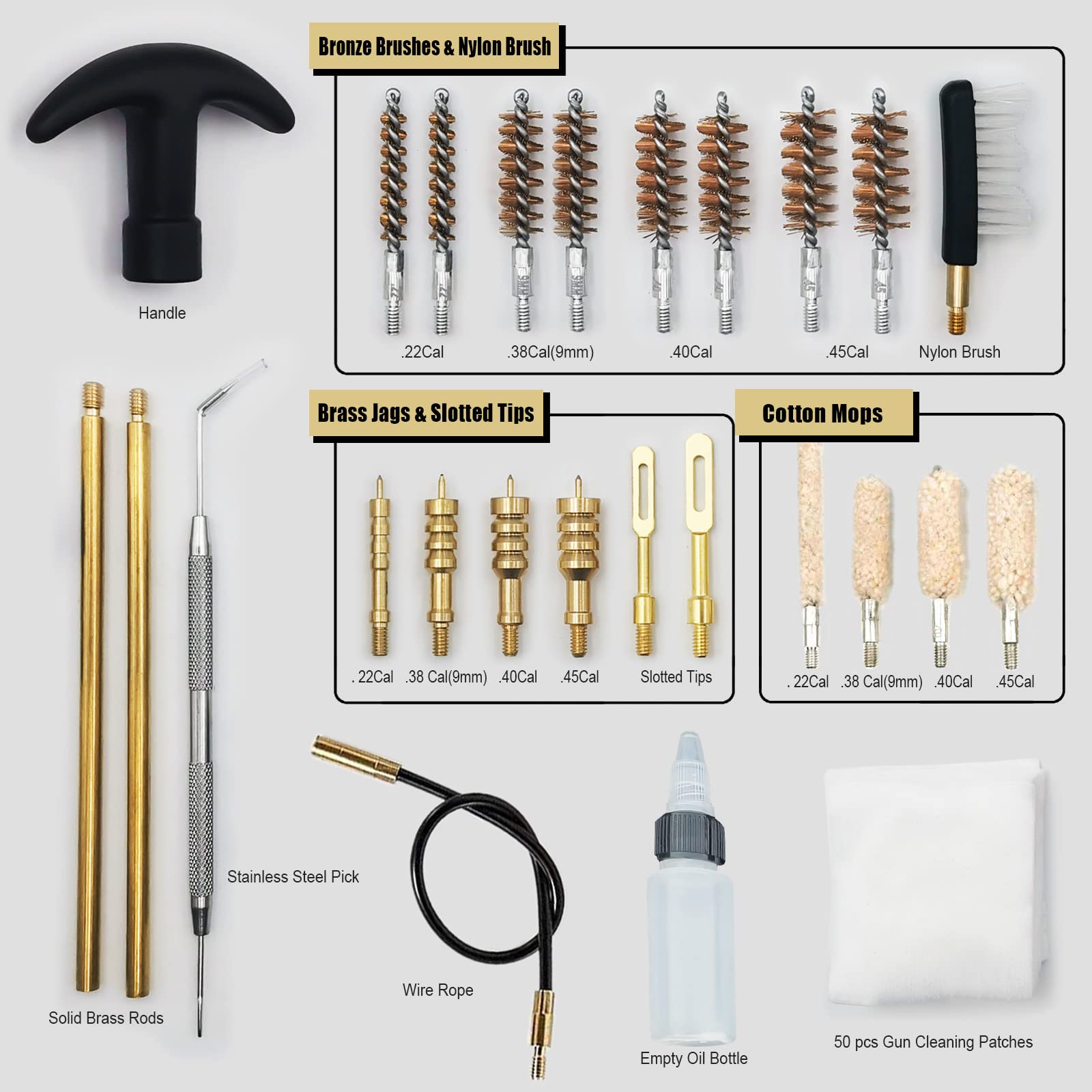 Angeebin Handgun Cleaning Kit for .22 .38/.357/9mm .40 .45 Caliber, Universal Pistol Gun Brush with Bronze Bore Brush, Brass Jag and Slotted Adapter (Set 26-Piece)