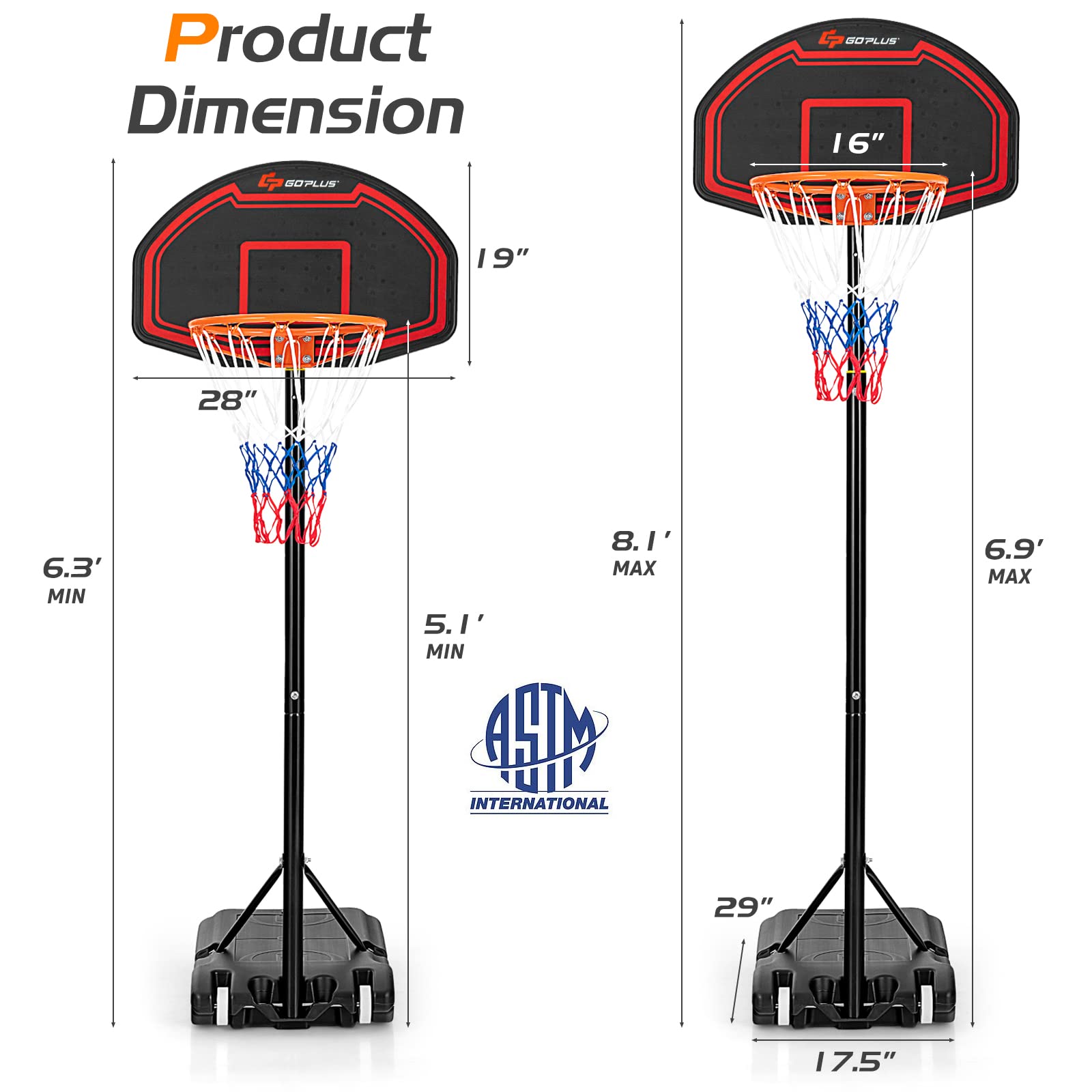 Goplus Portable Basketball Hoop Outdoor, 6.3FT-8.1FT Height Adjustable 5-Level Basketball Stand System with Shatterproof Backboard, Built-in Wheels, Indoor Outside Court Basketball Goal for Kids Youth