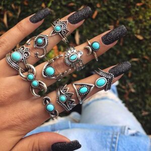 Octwine 11 pcs Boho Silver Turquoise Knuckle Rings Set Silver Stacking Midi Finger Rings Set Bohomian Statement Joint Carved Knuckle Ring Set Women Girls Party