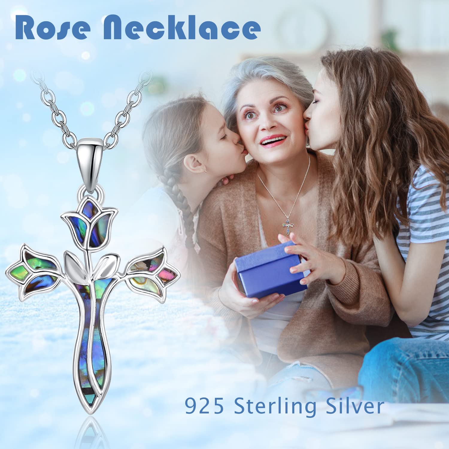 Dreamboat Sterling Silver Cross Necklace for Womens Cross Pendant Tulip Rose Abalone Shell Necklace Confirmation Religious Gifts for Mom Faith Christian Jewelry