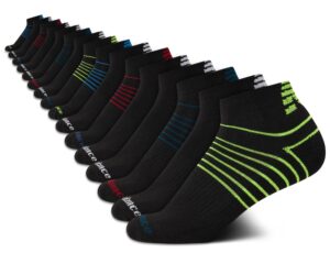 new balance boys' quarter socks - 16 pack soft cushioned performance ankle socks for boys - breathable boy's sports socks, size large, black assorted