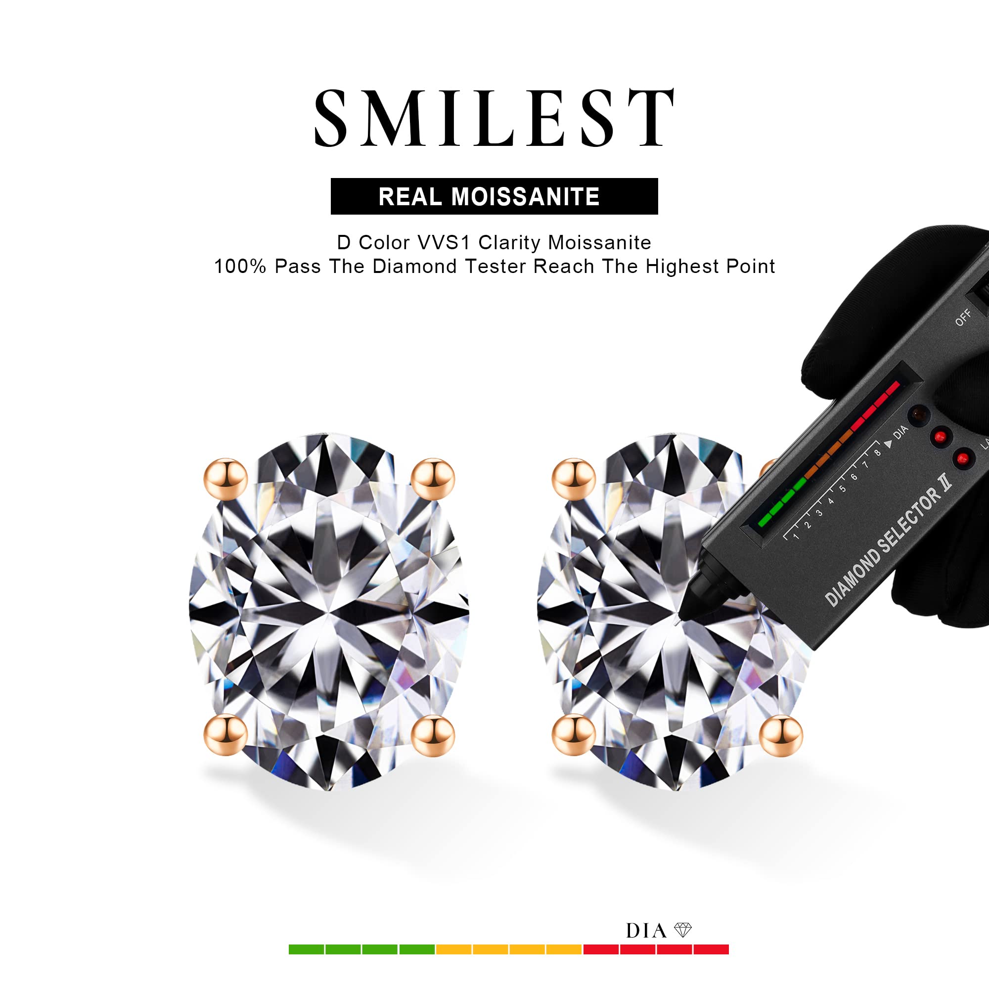 SMILEST Oval Cut Moissanite Stud Earrings for Women, 4 Carat D Color VVS1 Clarity Lab Created Diamond Moissanite Earrings 18K Rose Gold Plated 925 Sterling Silver 4-Prong Moissanite Earrings Studs