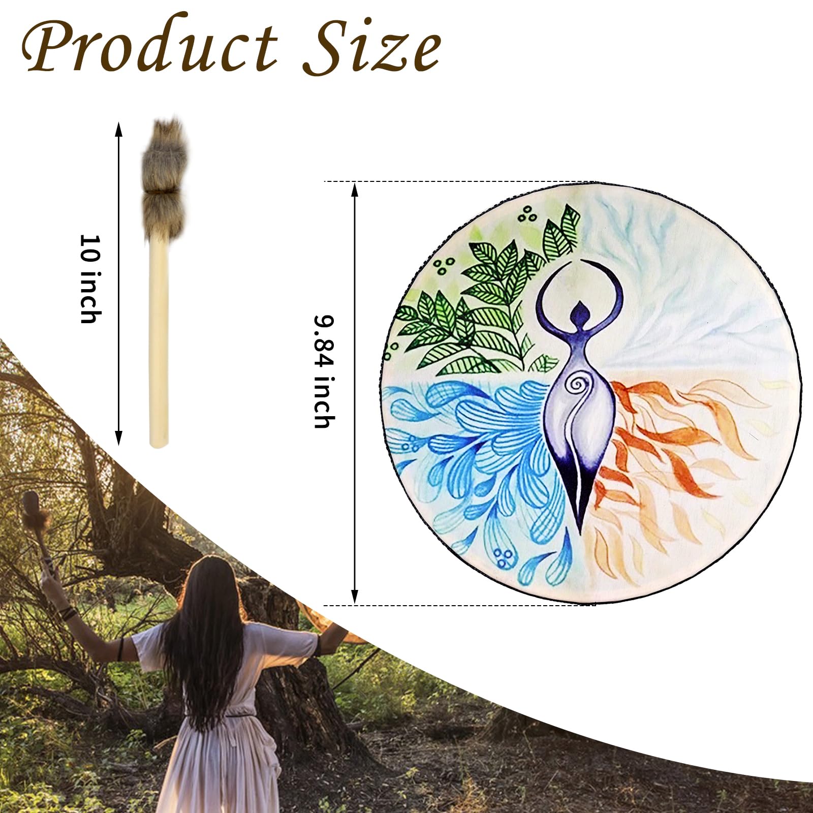 DRYEN Shaman Drum,10 Inch Tree Of Life Decoration Design Hand Drum With Drum Stick, Instrumental Shaman Alchemy Moon Drum, Sound Healer Shaman Drum For Spiritual Music, Reflection And Meditation