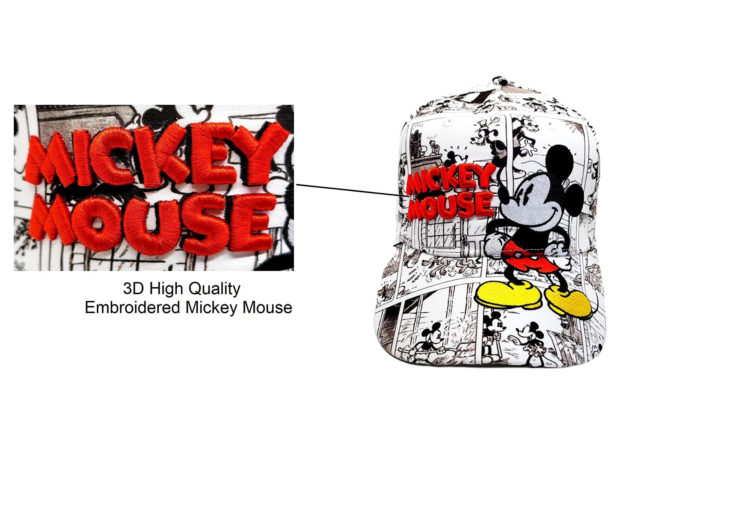 Disney Mickey Mouse Comic Book Print Snapback Baseball Hat (Black and White)