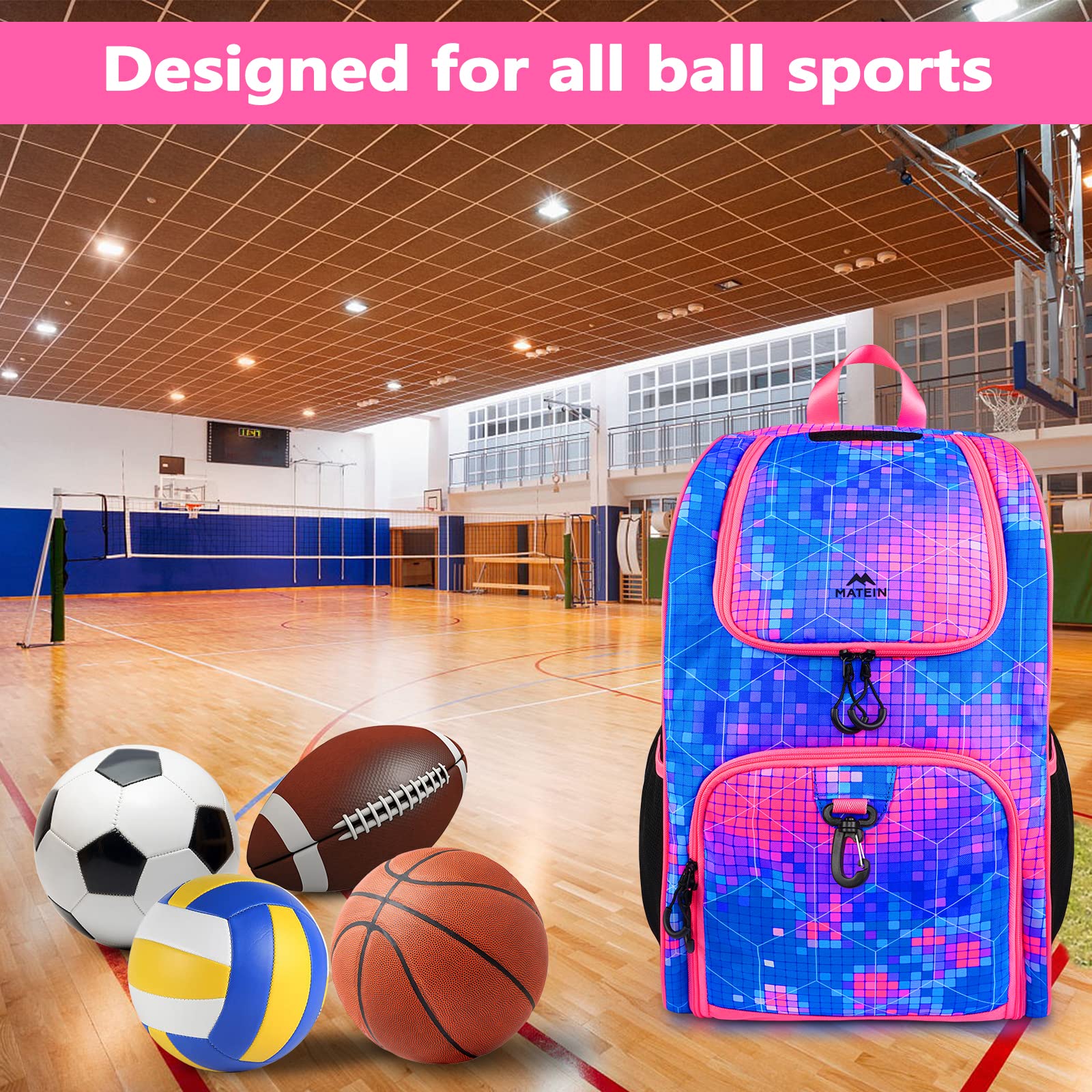 MATEIN Basketball Bag, Sturdy Soccer Bag with Ball Holder & Shoe Compartment, Large Basketball Backpack for Training Equipment, Water Resistant Sports Ball Bags Fits Volleyball Football, Colorful