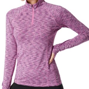 Zengjo Long Sleeve Running Shirts Women Half Zip with Thumb Holes(Marled Pink,M)