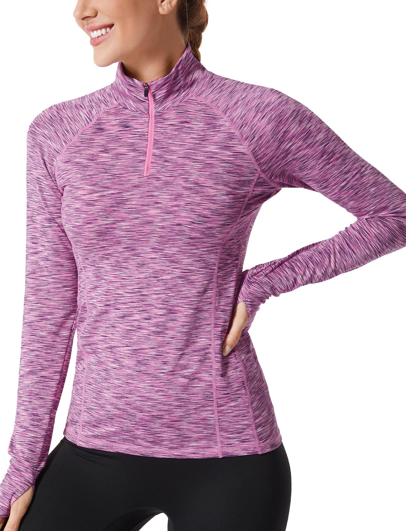 Zengjo Long Sleeve Running Shirts Women Half Zip with Thumb Holes(Marled Pink,M)