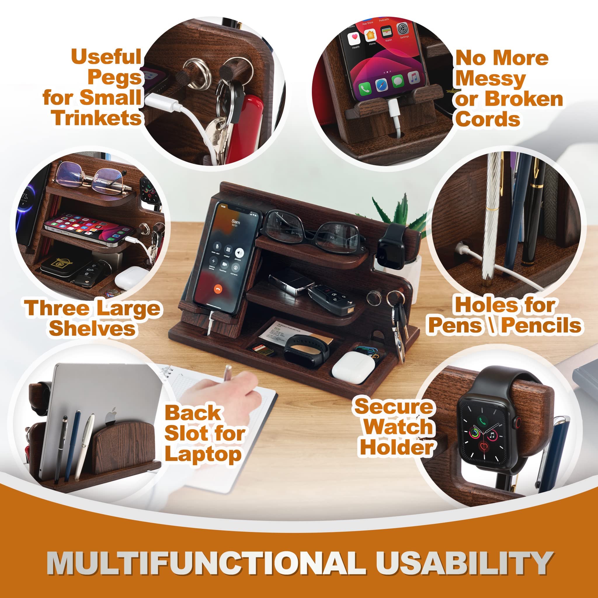 Wood Phone Docking Station Ash Key Holder Wallet Stand Watch Organizer Men Husband Wife Anniversary Dad Birthday Nightstand Purse Father Graduation Male Travel Idea Gadgets Brown