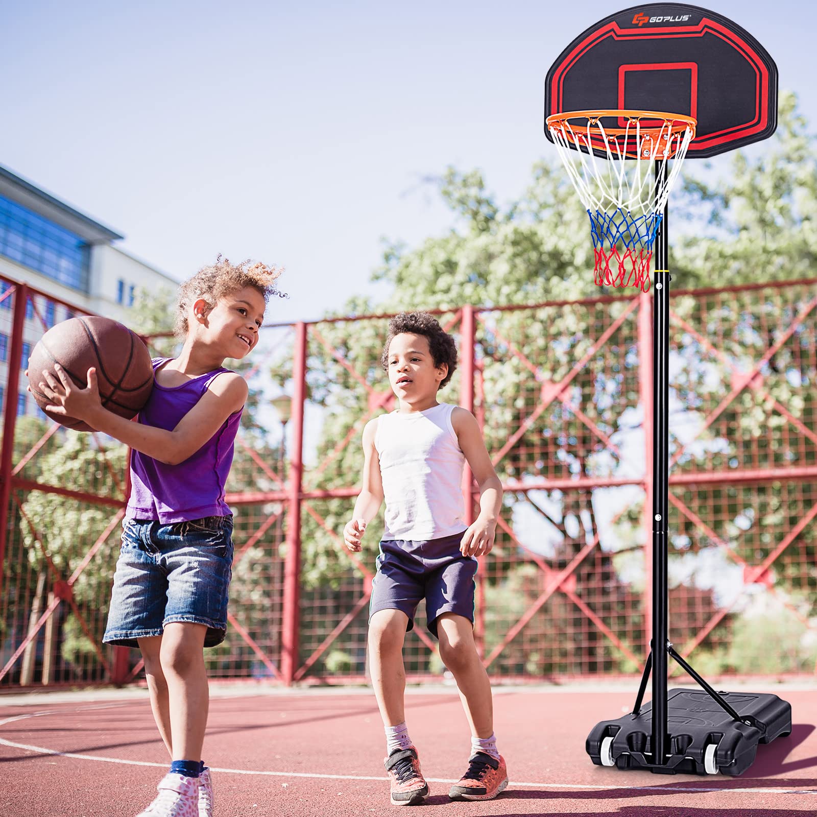 Goplus Portable Basketball Hoop Outdoor, 6.3FT-8.1FT Height Adjustable 5-Level Basketball Stand System with Shatterproof Backboard, Built-in Wheels, Indoor Outside Court Basketball Goal for Kids Youth