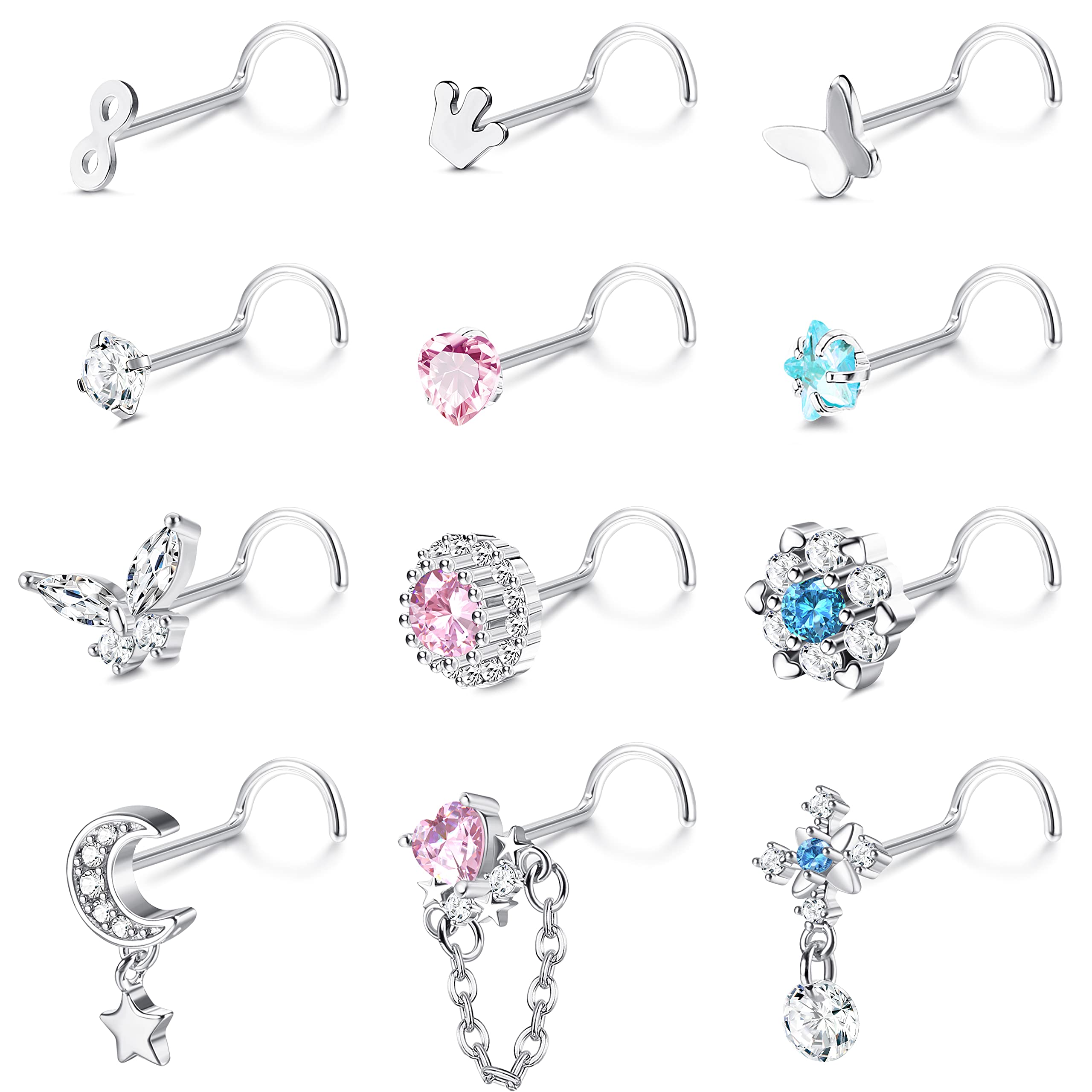 JOERICA 12Pcs 20G Dangle Nose Rings Nose Studs Corkscrew Dangle Nose Rings for Women Men Stainless Steel Nose Piercing Jewelry CZ Heart Moon Butterfly Nose Rings Studs Silver Tone