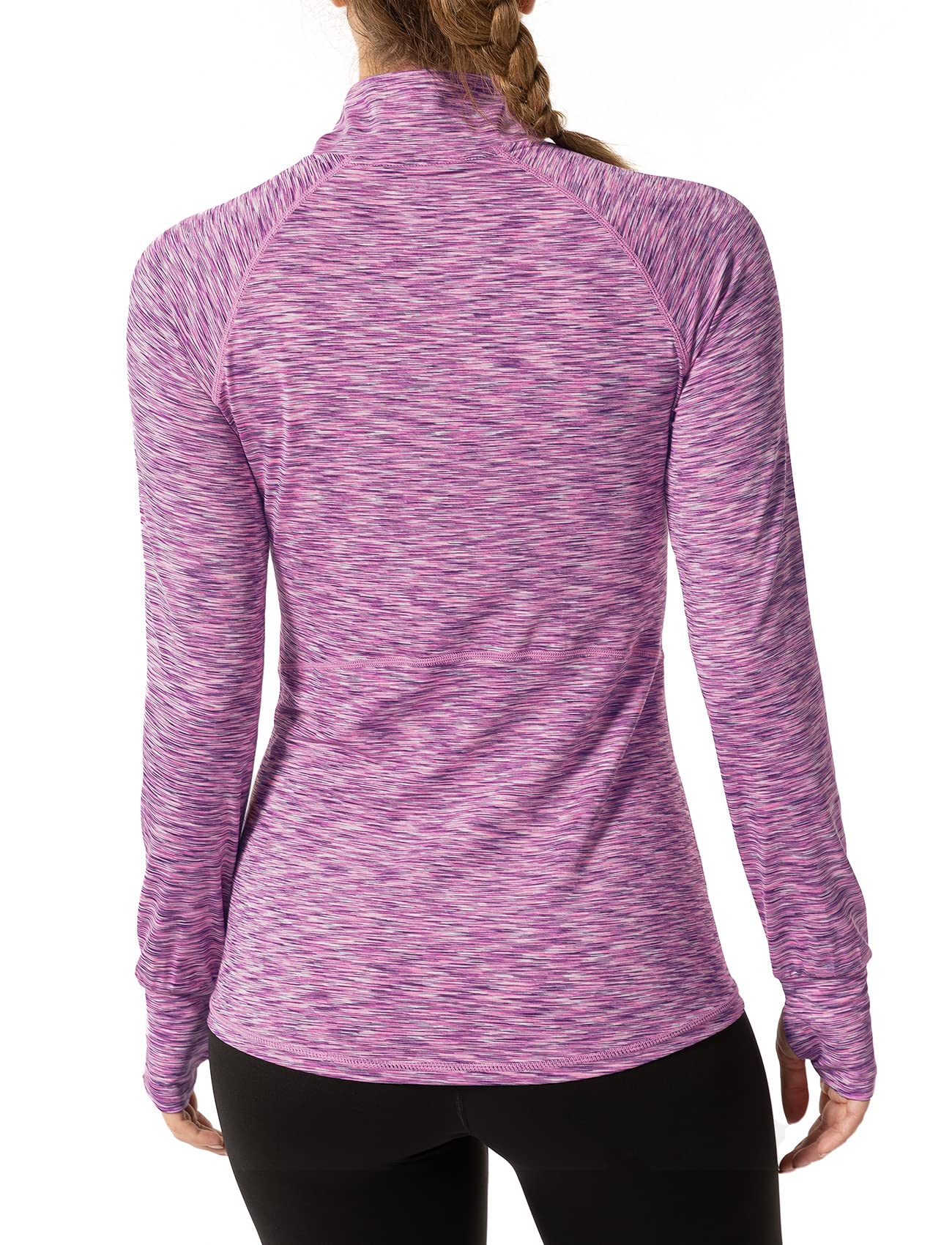 Zengjo Long Sleeve Running Shirts Women Half Zip with Thumb Holes(Marled Pink,M)