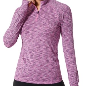 Zengjo Long Sleeve Running Shirts Women Half Zip with Thumb Holes(Marled Pink,M)