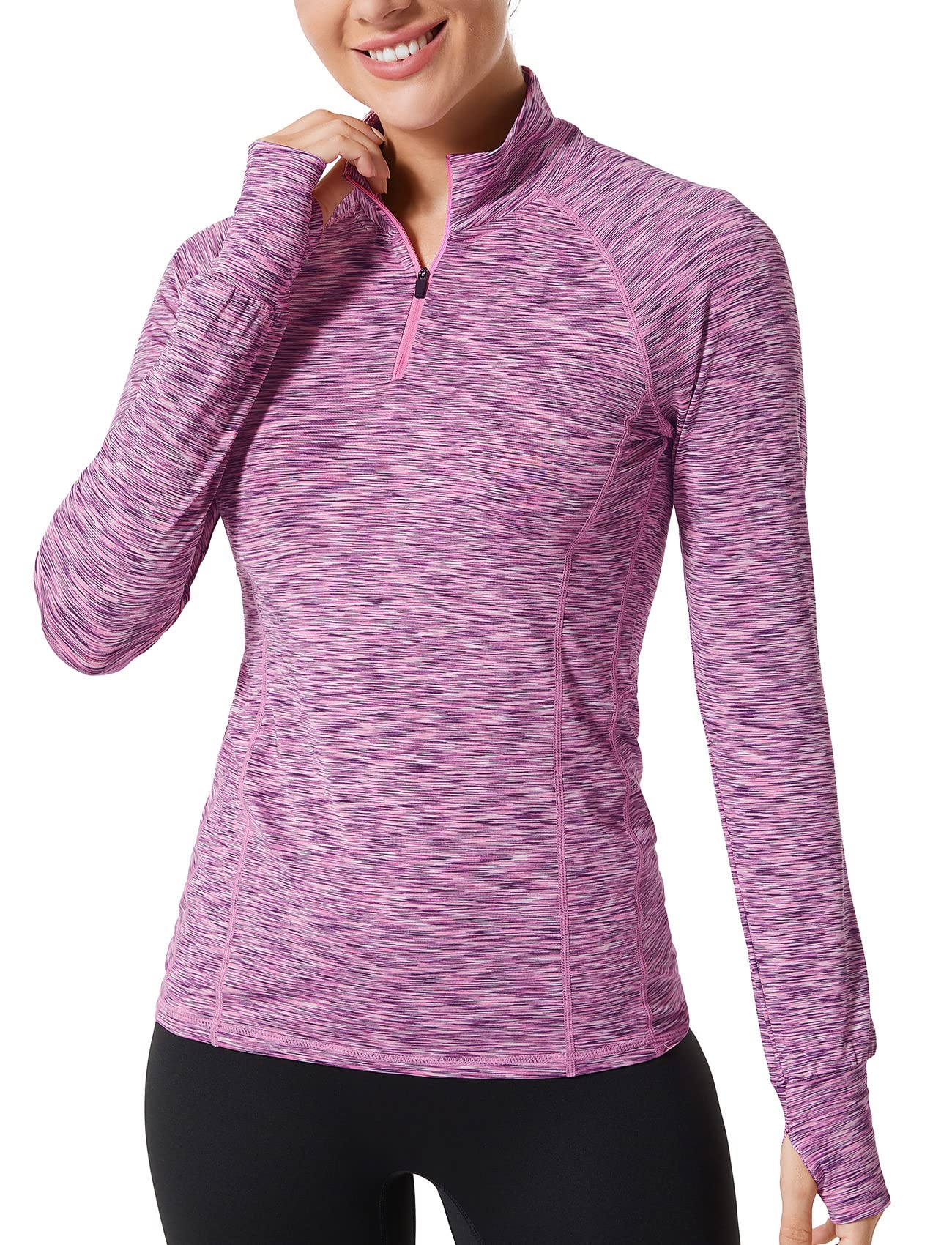 Zengjo Long Sleeve Running Shirts Women Half Zip with Thumb Holes(Marled Pink,M)