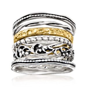 ross-simons sterling silver and 18kt gold over sterling jewelry set: 6 textured rings. size 9