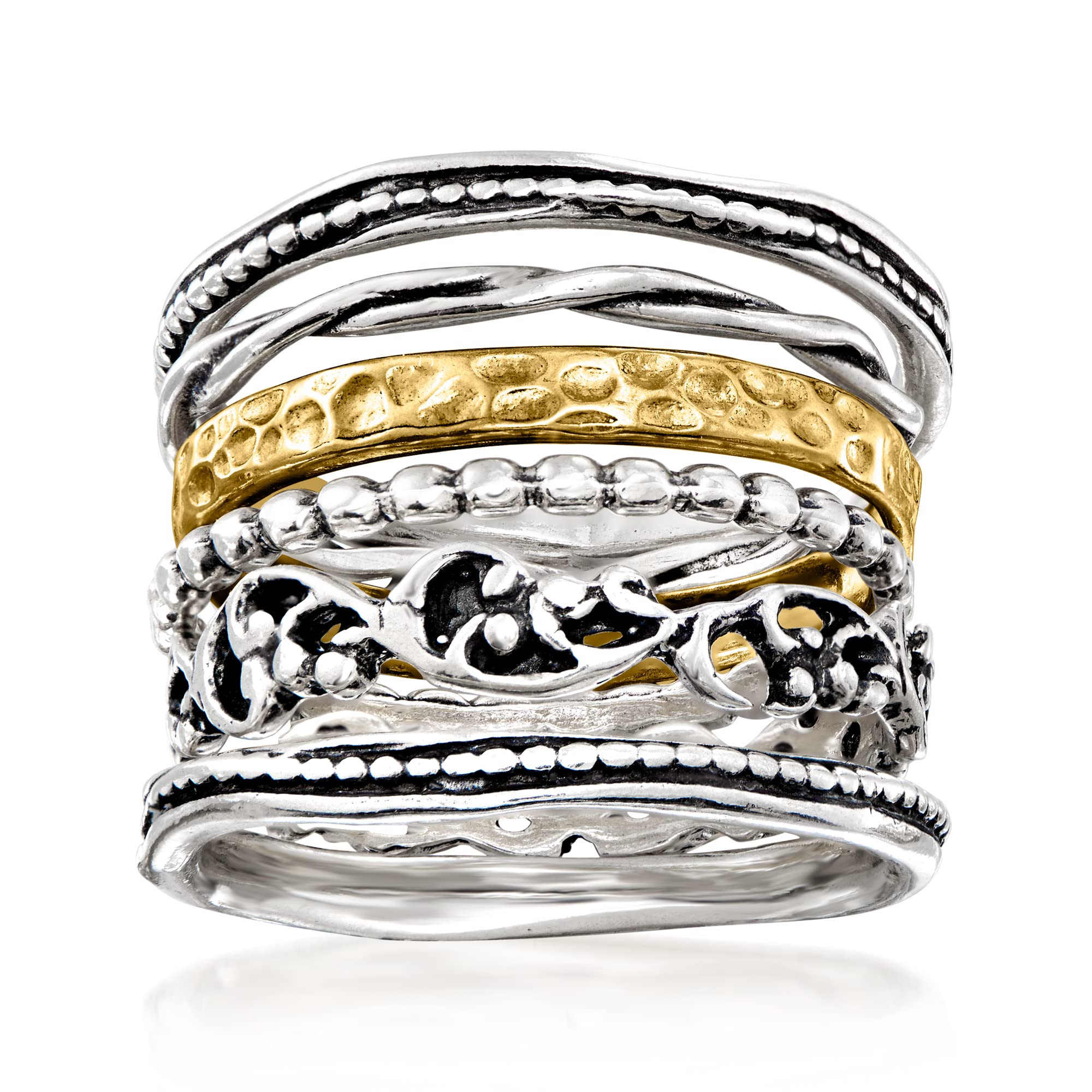 Ross-Simons Sterling Silver and 18kt Gold Over Sterling Jewelry Set: 6 Textured Rings. Size 9