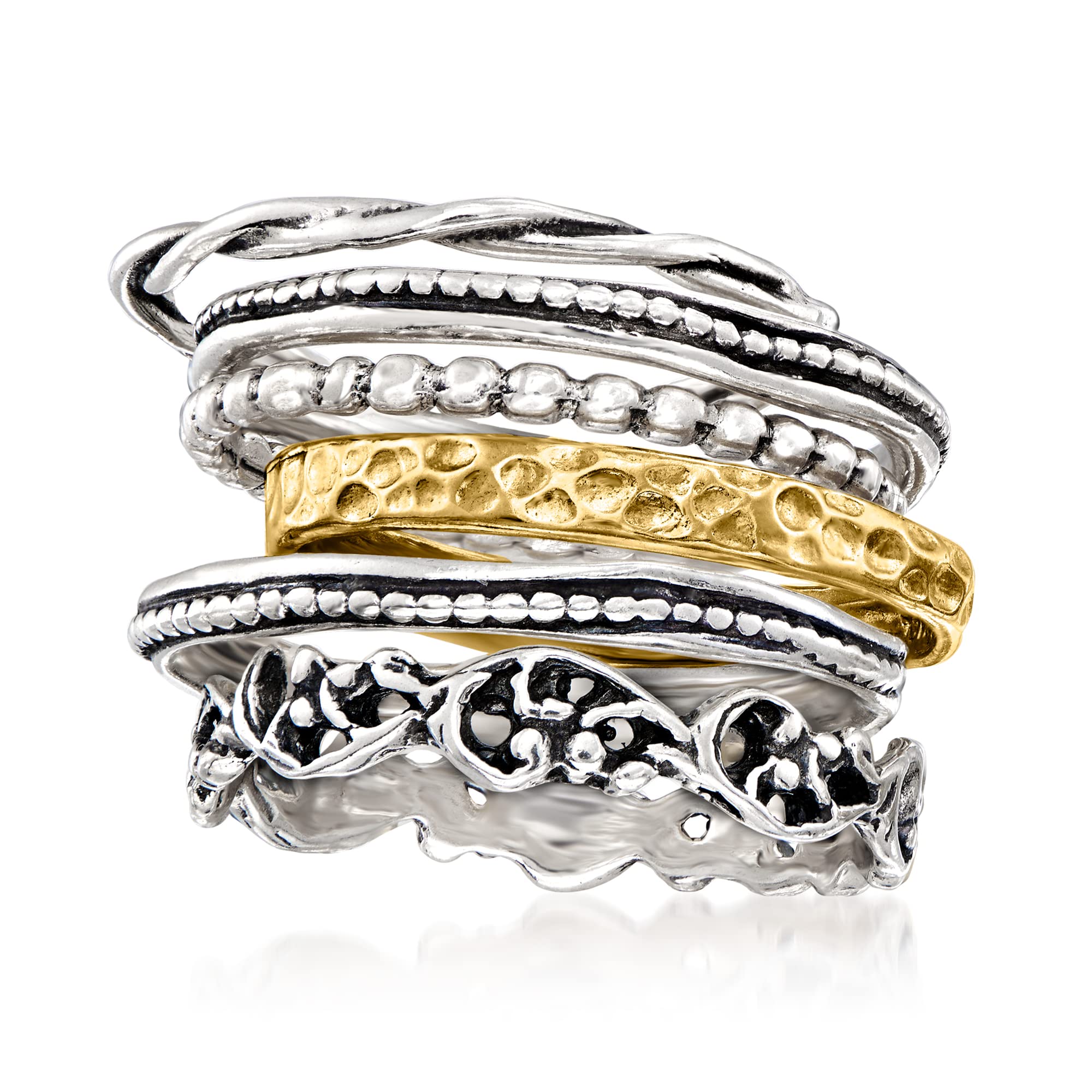 Ross-Simons Sterling Silver and 18kt Gold Over Sterling Jewelry Set: 6 Textured Rings. Size 9