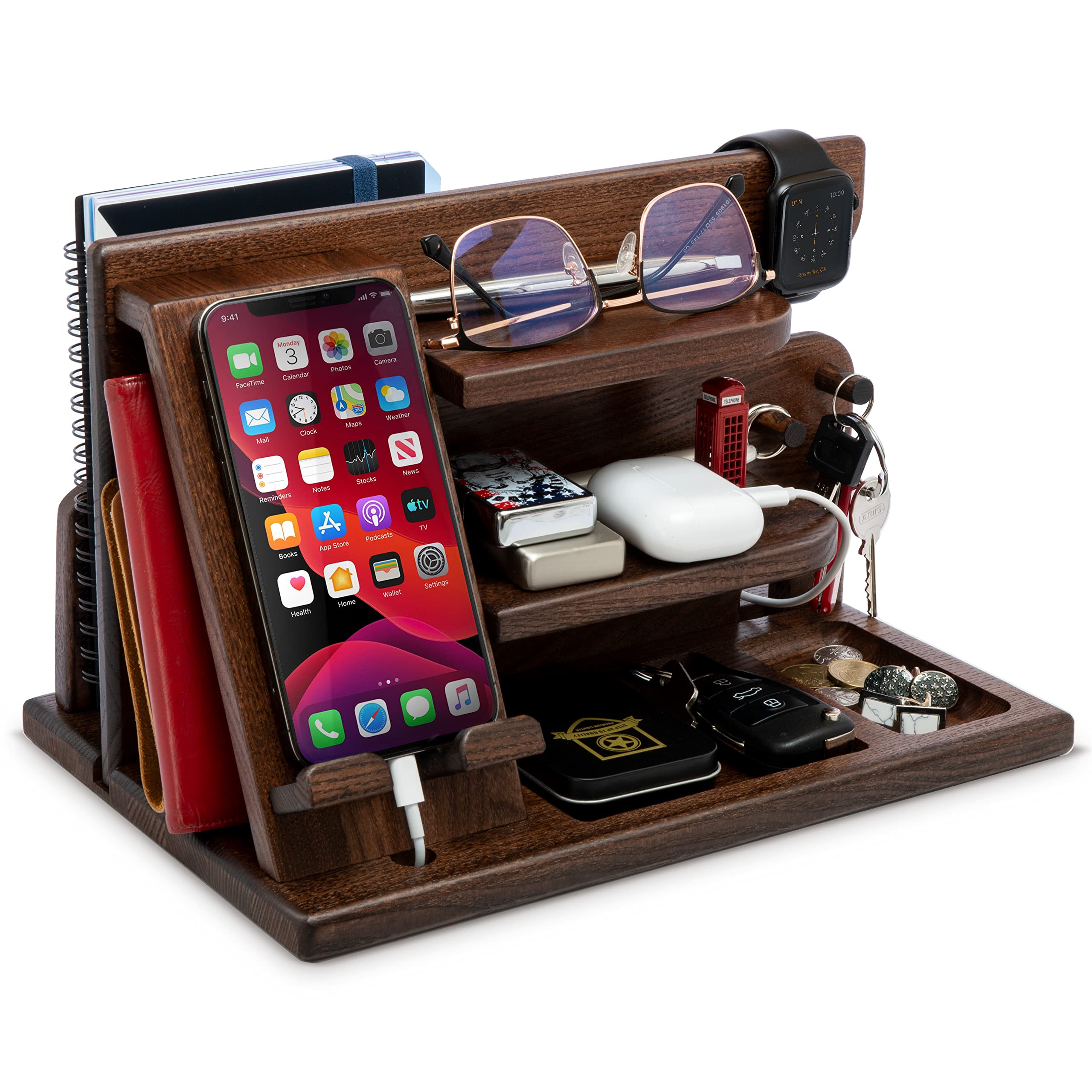 Wood Phone Docking Station Ash Key Holder Wallet Stand Watch Organizer Men Husband Wife Anniversary Dad Birthday Nightstand Purse Father Graduation Male Travel Idea Gadgets Brown